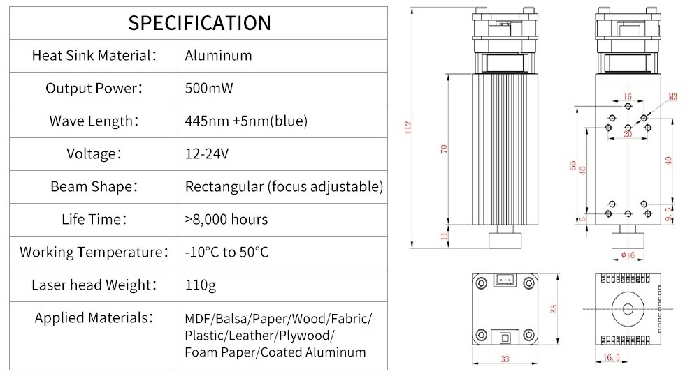Лазерный модуль 500 мВт, 12 В, 450 нм-2 Лазерный модуль 500 мВт, 12 В, 450 нм-2