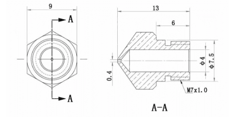 Пример чертежа сопла под редкий пруток 3,7 мм со стандартным выходным отверстием 0,4 мм. Пример чертежа сопла под редкий пруток 3,7 мм со стандартным выходным отверстием 0,4 мм.