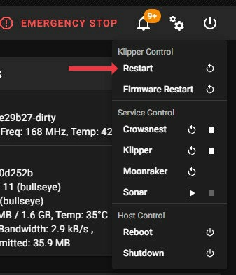 Перезагрузка системы Klipper Перезагрузка системы Klipper