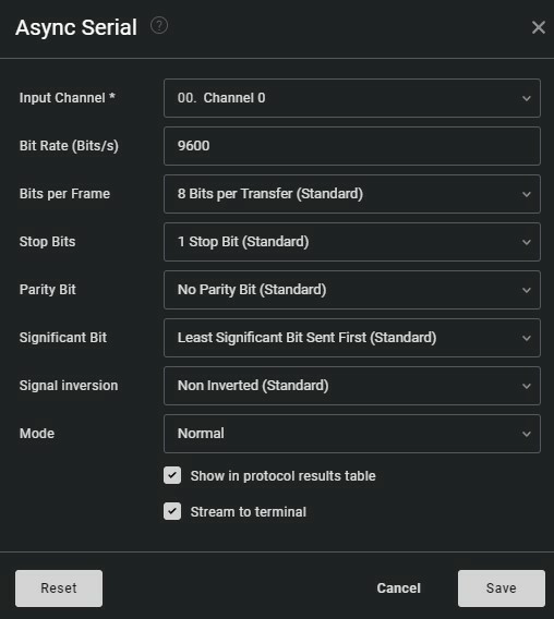 Настройки протокола Saleae