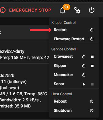 Перезагрузка системы Klipper