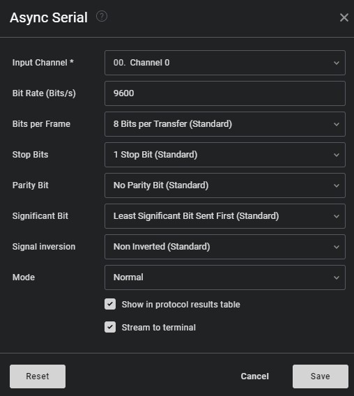 Настройки протокола Saleae