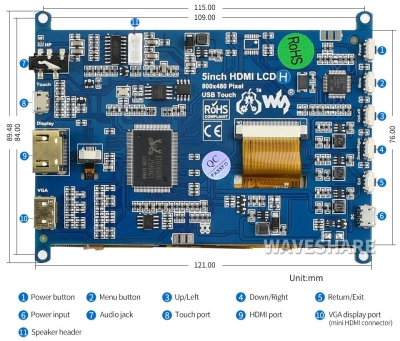Сенсорный емкостной TFT LCD (H)-дисплей Raspberry Pi Waveshare, HDMI/VGA, 800x480 / 5”