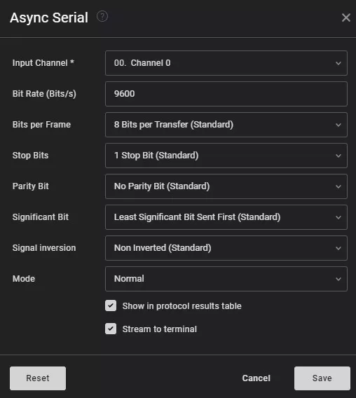 Настройки протокола Saleae